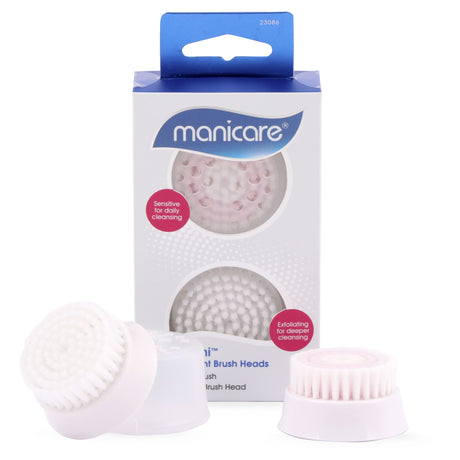 Manicare Sonic Mini® Facial Cleanser Replacement Brush Heads 2 Pack featuring sensitive and exfoliating options for all skin types.