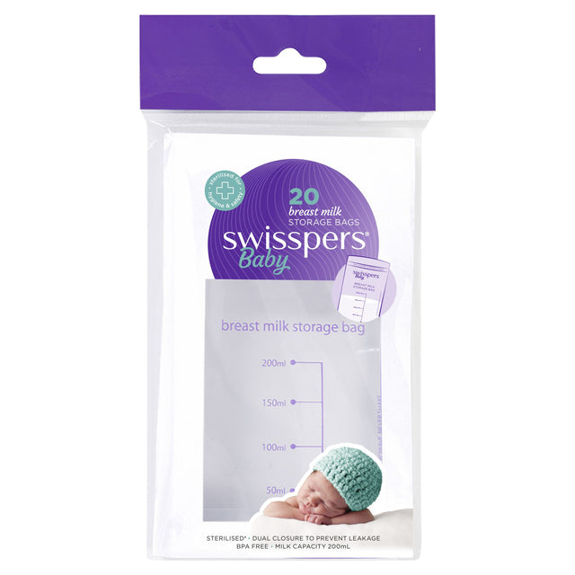 Swisspers Breast Milk Storage Bags: BPA-free, sterilized bags with tear-away seals, measuring guide, and date log for safe milk storage.