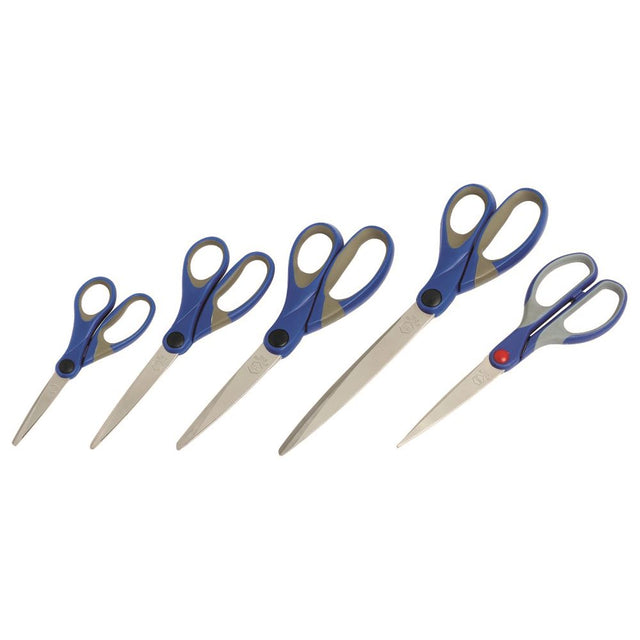 Marbig Comfort Grip scissors, 135mm, feature stainless steel blades and ergonomic handles for easy cutting in blue.