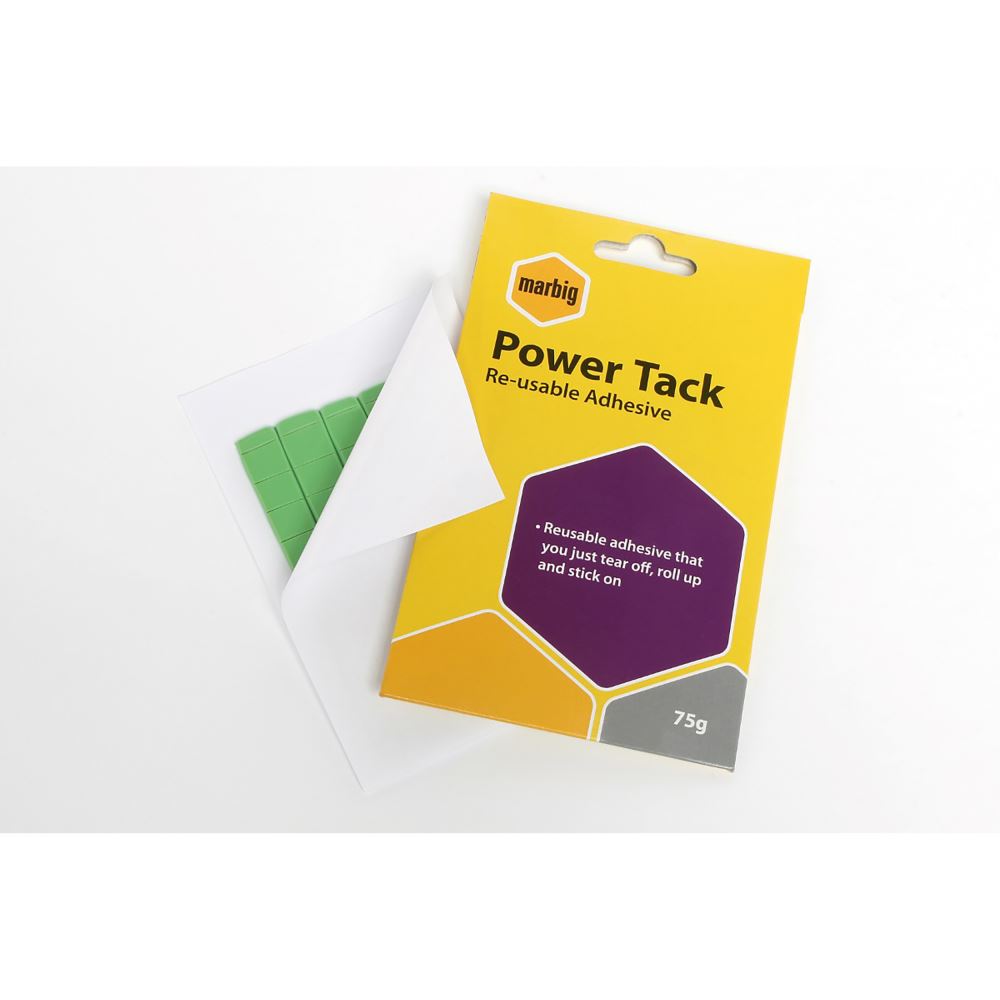 "Marbig Power Tack 75gms adhesive for mounting photos, calendars, and decor without damaging surfaces, reusable and eco-friendly."