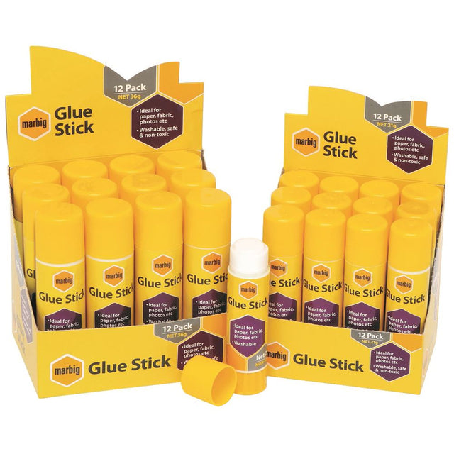 Marbig Glue Stick display unit of 12, featuring fast-drying, no-mess adhesive for crafting, school, and office use.