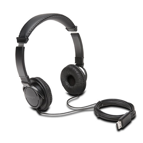 Kensington Hi-Fi USB-A Headphones with padded headband, foam ear pads, and 40mm drivers for immersive stereo sound.