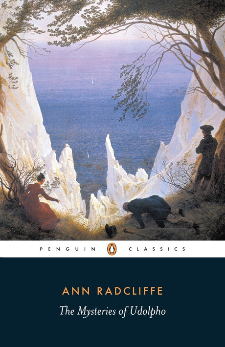 Cover of 'The Mysteries of Udolpho' featuring gothic landscapes, Emily St Aubert, and elements of mystery and suspense.
