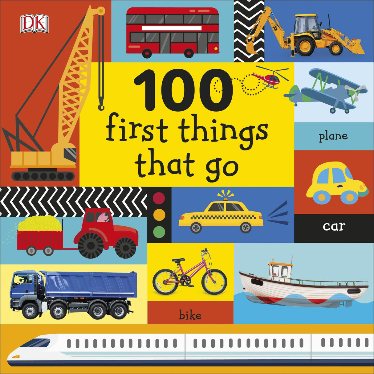 Colorful picture book for toddlers featuring various vehicles like cars, trucks, and planes to enhance vocabulary and learning.