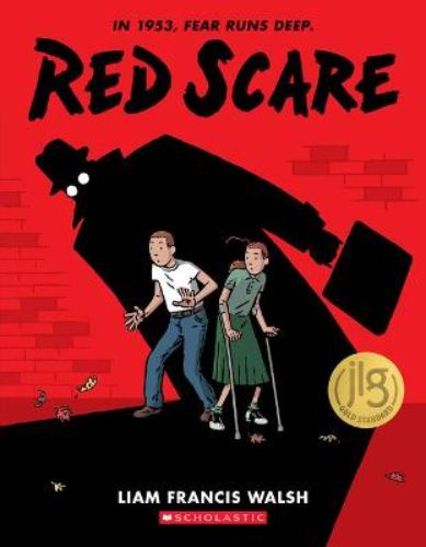 Cover of "Red Scare: A Graphic Novel," featuring a brave young girl soaring above a tense Cold War landscape.