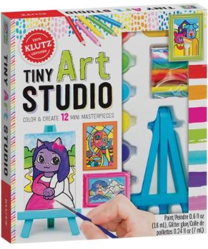 Tiny Art Studio kit with real art supplies for creating mini masterpieces, includes easel, frames, and instructional book.