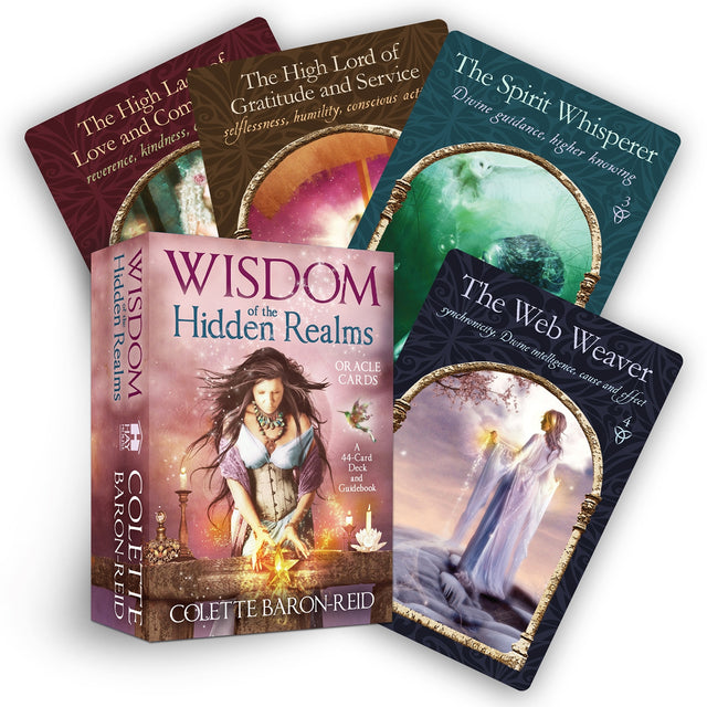 Wisdom of the Hidden Realms Oracle Cards featuring 44 mystical cards for intuitive readings and spiritual guidance.