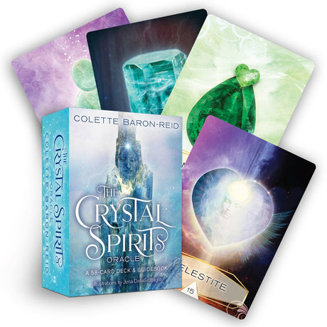 Illustrated oracle deck featuring 58 crystals, designed for spiritual guidance by Colette Baron-Reid.