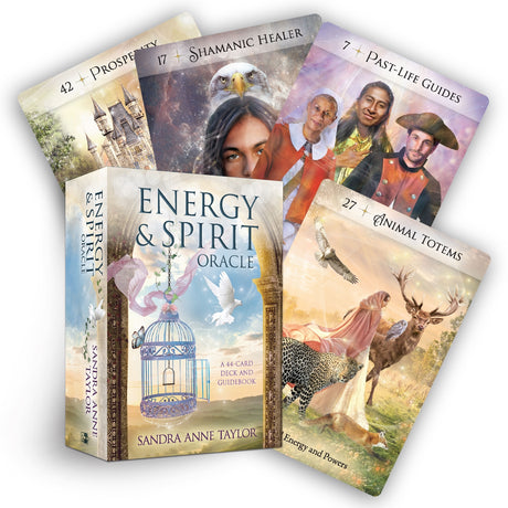 Oracle deck featuring spirit guides and energy cards for insightful readings, connecting universal energies with personal experience.