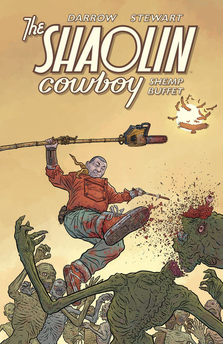 Cover of 'Shaolin Cowboy: Shemp Buffet' highlighting action-packed adventures and vibrant illustrations of culinary foes.