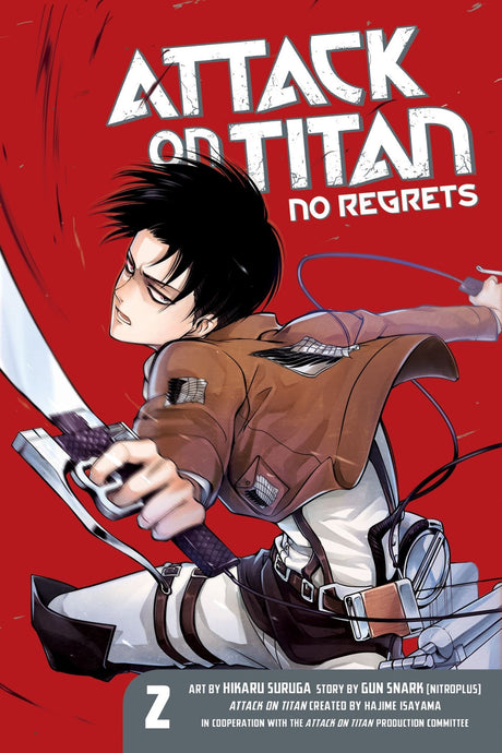 "Cover of 'Attack On Titan No Regrets 2', revealing Levi's journey in a stunning graphic novel."