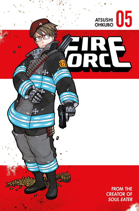 Cover of 'Fire Force 5' featuring Shinra, a young hero in action against infernal threats in a fiery Tokyo.