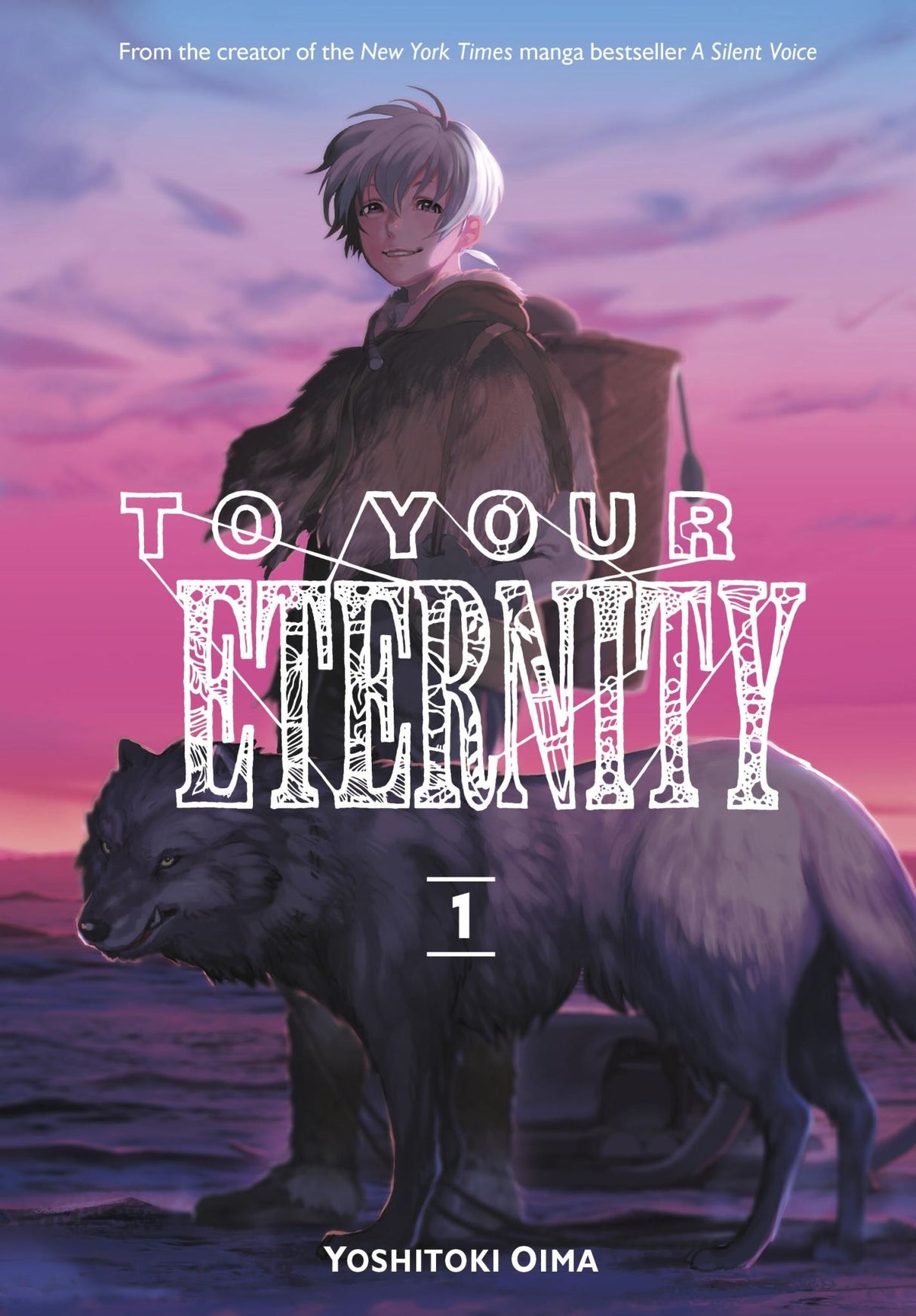 Cover of 'To Your Eternity 1', showcasing a lonely boy and a wolf in a stunning tundra landscape.