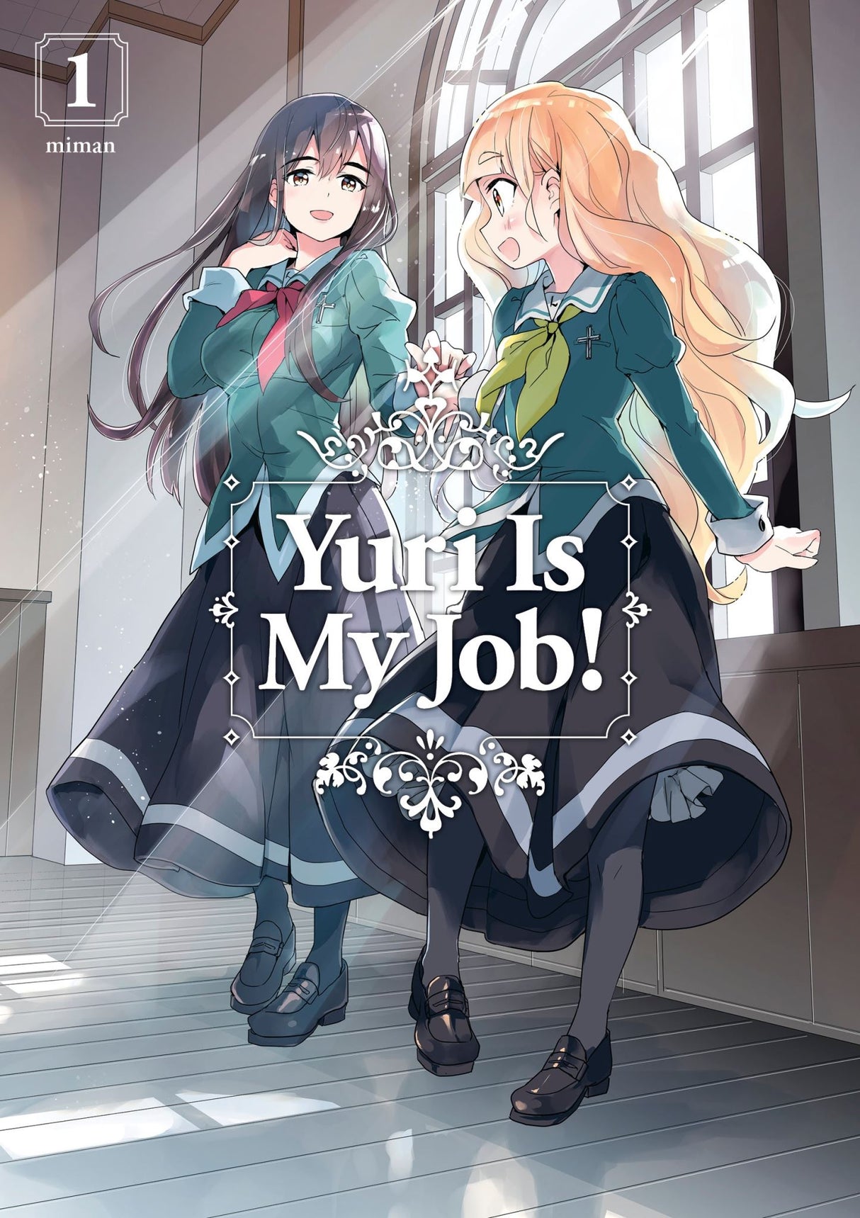 Graphic novel cover of 'Yuri Is My Job! 1', featuring Hime and Mitsuki amidst a comedic, all-girls café setting.