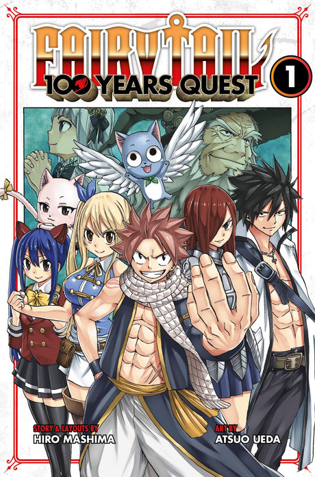 Cover of "FAIRY TAIL: 100 Years Quest 1" showcasing Natsu, Lucy, Happy, and Erza on a magical adventure.