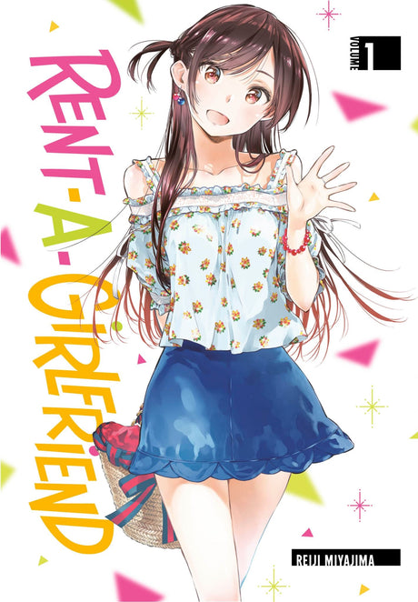 Cover of "Rent-A-Girlfriend 1," a manga about love and emotional connections in modern Japan, featuring colorful artwork.