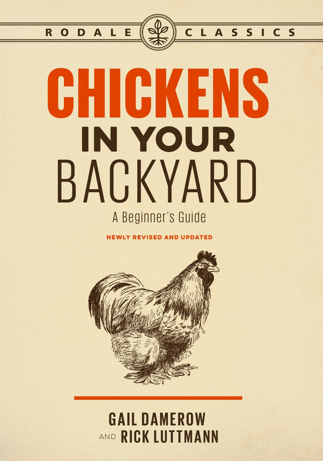 Illustrated guidebook cover for "Chickens In Your Backyard," detailing chicken care, breeding, and productivity for homesteaders.