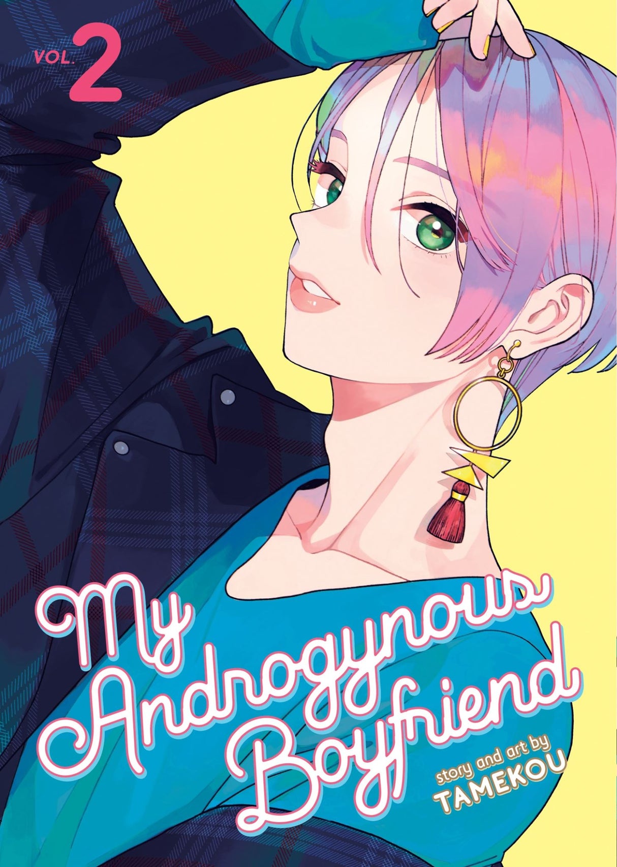 Cover of "My Androgynous Boyfriend Vol. 2," featuring cute androgynous models Meguru and Sasame in a colorful graphic novel style.