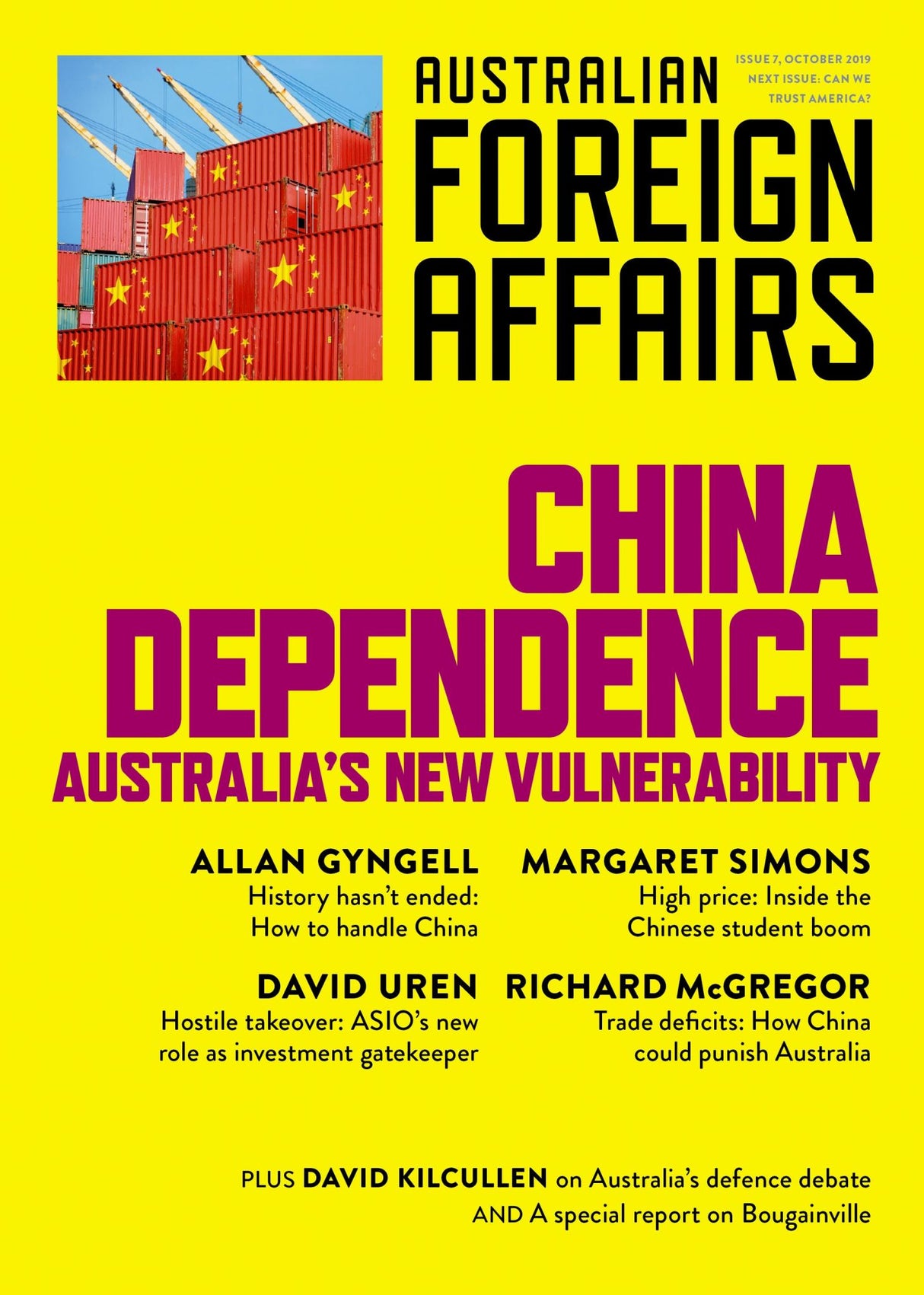 Cover of "China Dependence: Australia's New Vulnerability" discussing Australia’s reliance on China for trade and security.