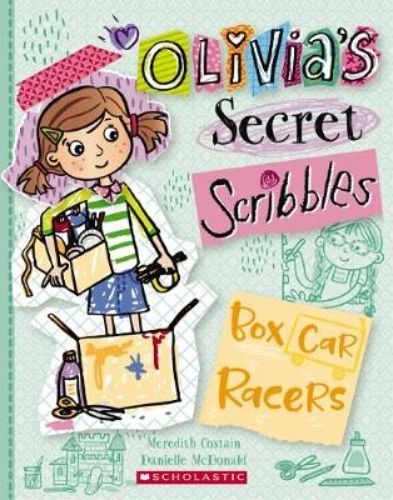 Children's book "Box Car Racers" by Scholastic, featuring teamwork, creativity, and recycling adventures for ages 6-10.