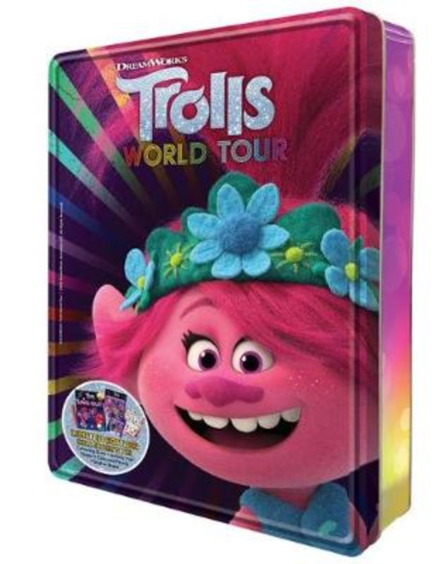 Vibrant Trolls World Tour Happy Tin with storybook, activity book, coloring book, poster, and markers for creative fun.