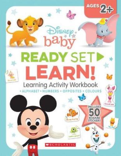 Disney Baby workbook with Mickey, Aladdin, and Peter Pan for toddlers, featuring fun learning activities on alphabet and counting.