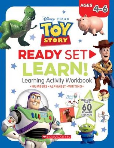 "Colorful Toy Story workbook for kids aged 4-6 with engaging activities from Woody and friends, enhancing literacy and numeracy skills."