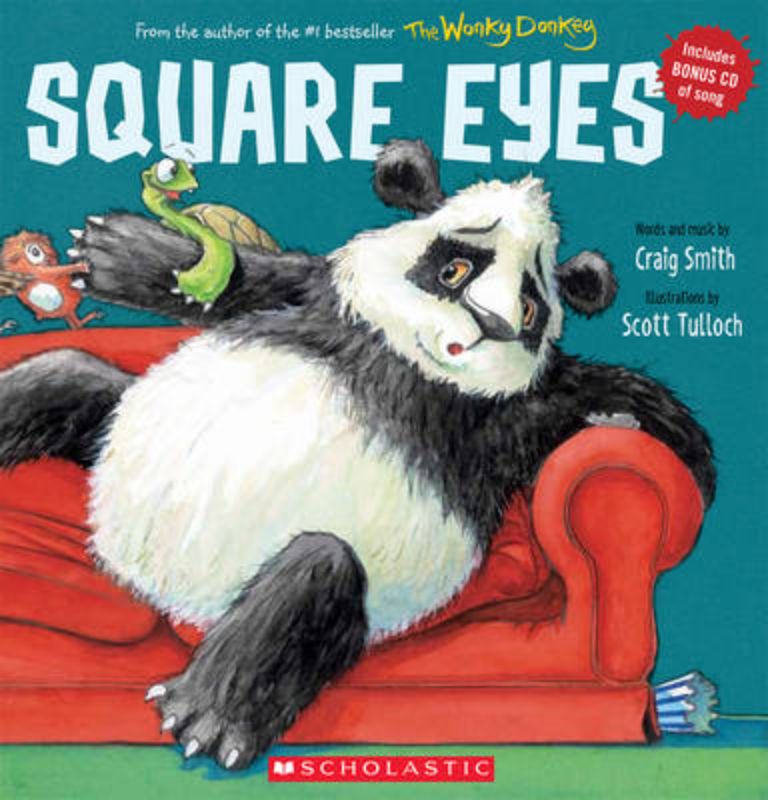 Illustrated children's book 'Square Eyes + CD' featuring a panda that learns to prioritize outdoor play over screen time.