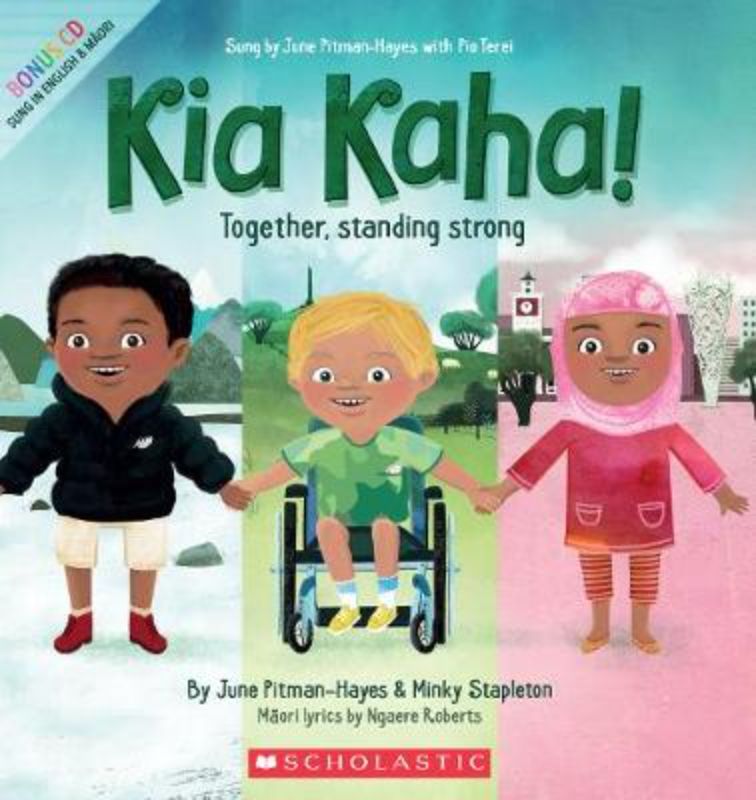 Children's book 'Kia Kaha' with CD, celebrating unity and resilience through vibrant illustrations and uplifting waiata.