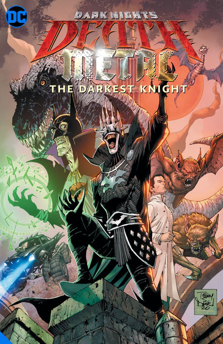 Graphic novel cover of "Dark Nights: Death Metal: The Darkest Night," featuring iconic DC heroes facing dark versions of Batman.