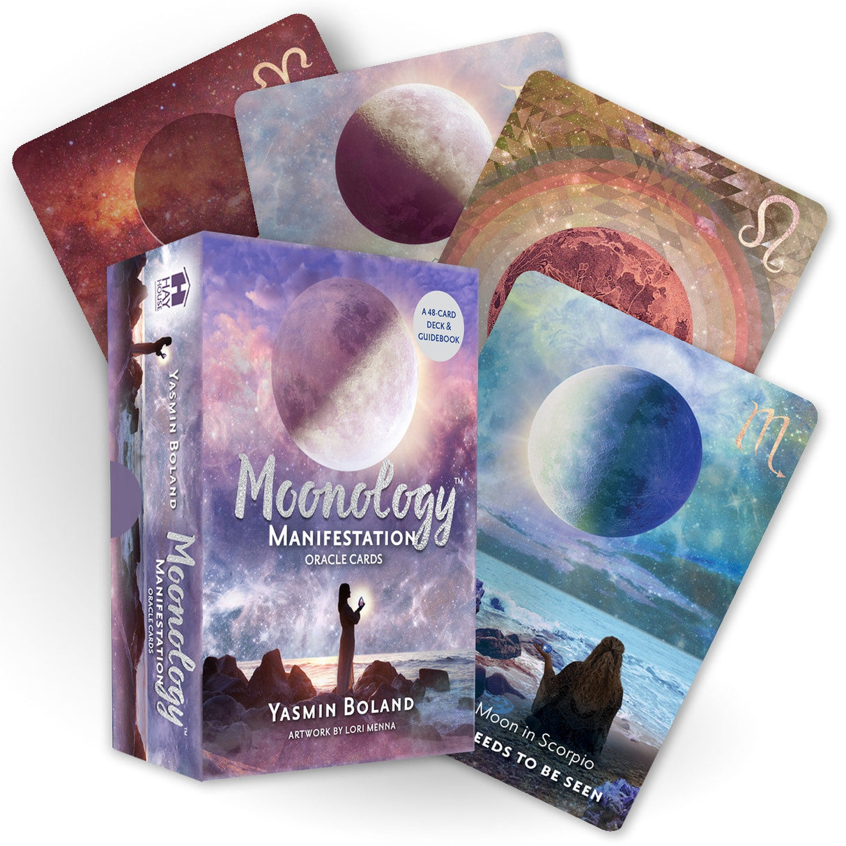 Colorful oracle card deck featuring 48 cards for harnessing lunar energies in manifestation by Yasmin Boland.