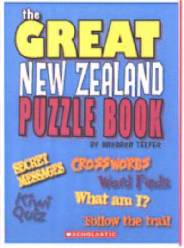 Cover of 'The Great Kiwi Puzzle Book', featuring puzzles about New Zealand's history, flora, and fauna for children aged 8+.