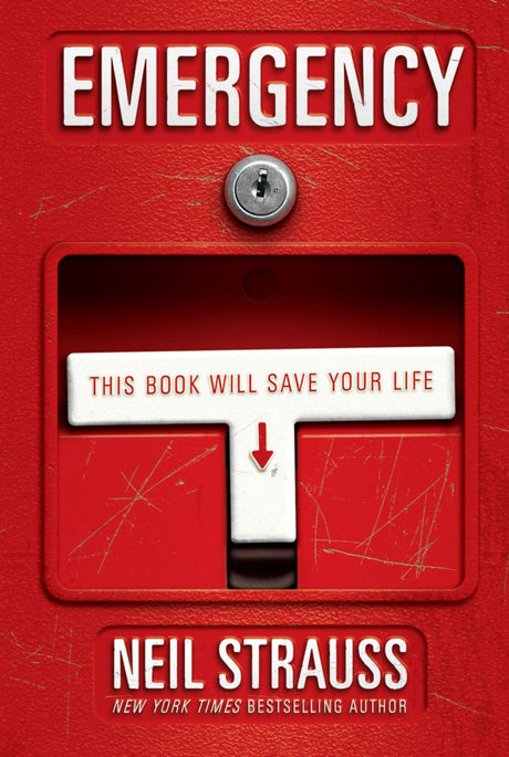 Cover of 'Emergency' by Neil Strauss, showcasing survival themes and self-sufficiency in a chaotic world.