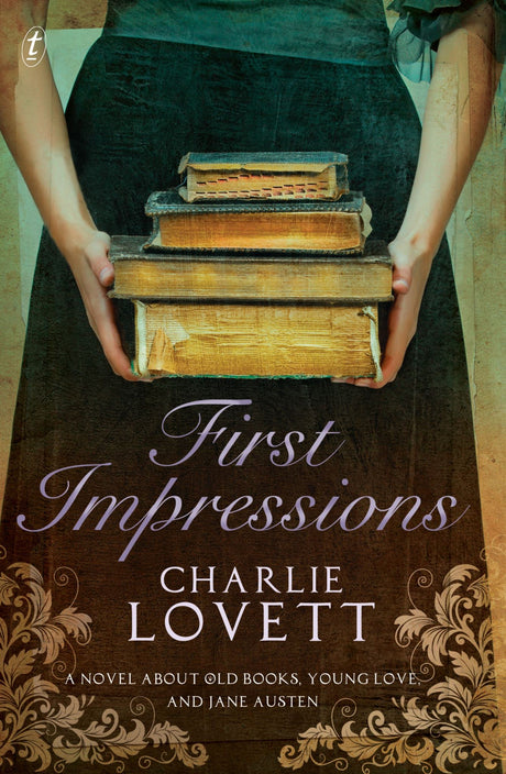 Cover of "First Impressions: A Novel" featuring a vintage bookshop and themes of mystery and romance intertwined with Jane Austen.