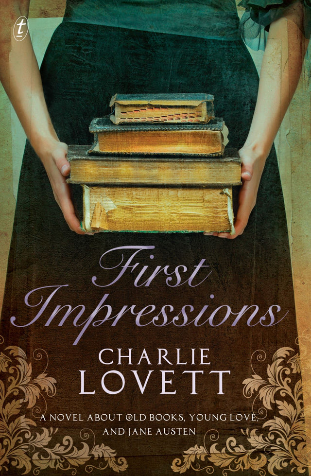 Cover of "First Impressions: A Novel" featuring a vintage bookshop and themes of mystery and romance intertwined with Jane Austen.
