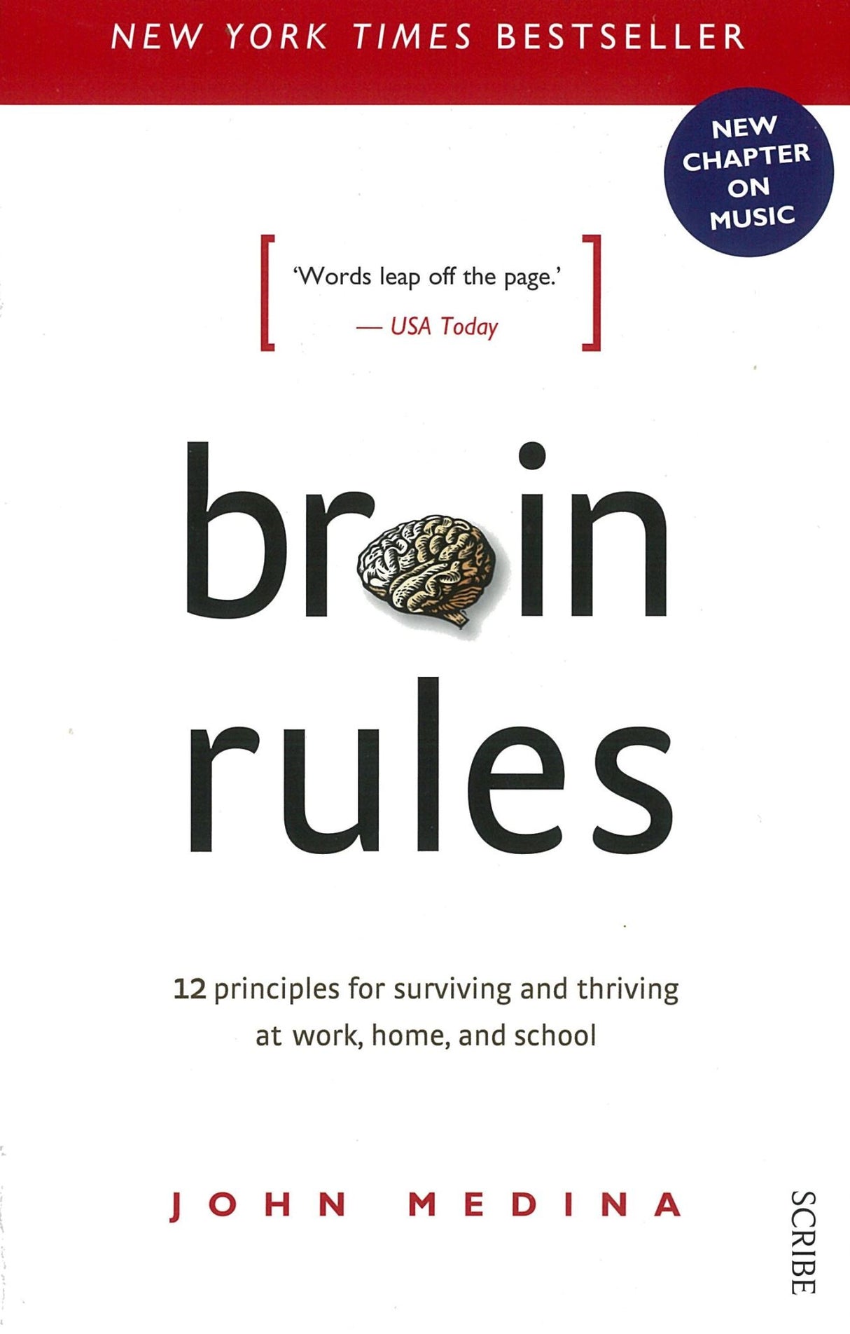 Cover of "Brain Rules" by Dr. John Medina, detailing principles for enhancing productivity and learning through brain science.