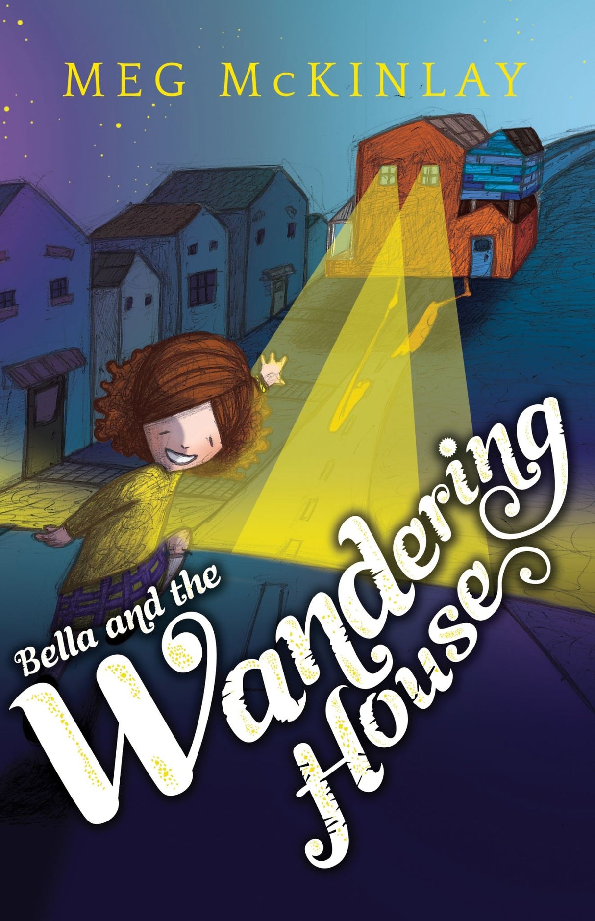 Illustration of Bella discovering her moving house by a lake in the whimsical children's book "Bella and the Wandering House."