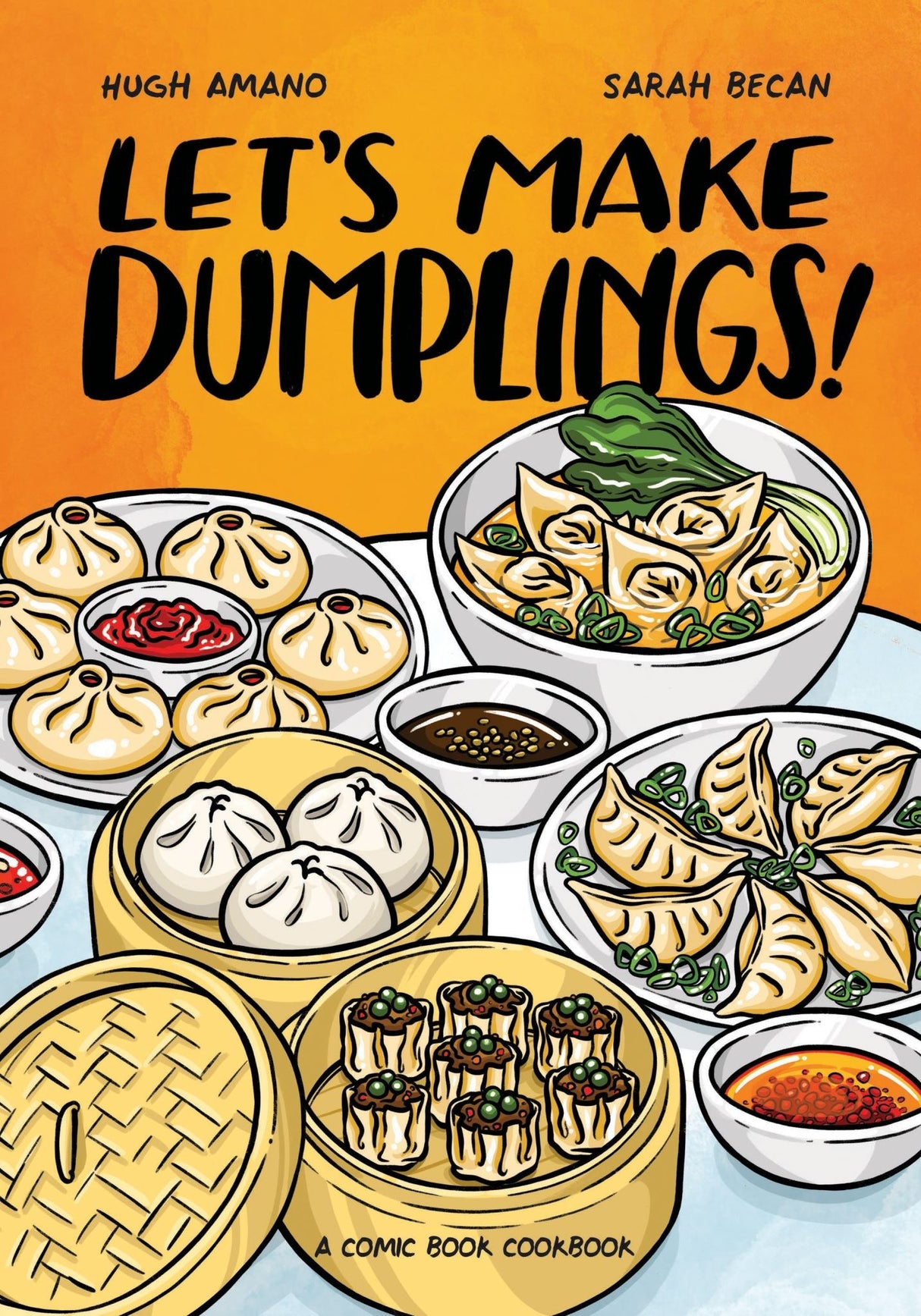 Comic book cookbook "Let's Make Dumplings!" featuring vibrant illustrations and easy recipes for savory and sweet dumplings.