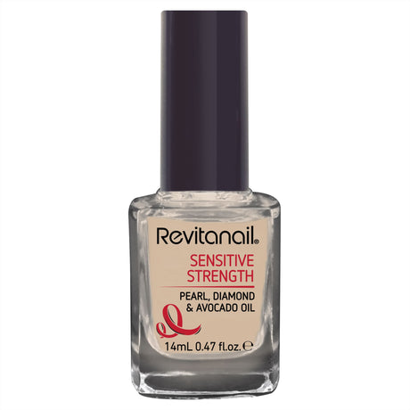 Revitanail Sensitive Strengthener 14mL, enriched with pearl extracts and avocado oil, promotes healthier, stronger nails.