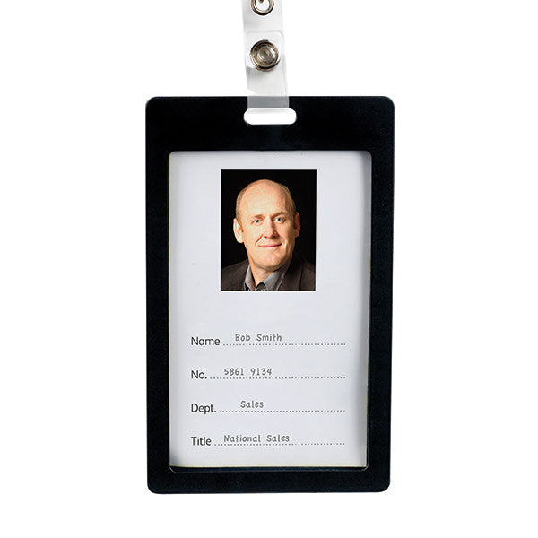 Black portrait plastic card holders pack of 6, designed for durability and clear ID display in professional settings.