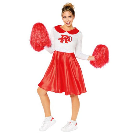 Vibrant cheerleader costume inspired by Sandy Rydell from 'Grease,' fitting women sizes 16-18, perfect for themed events.