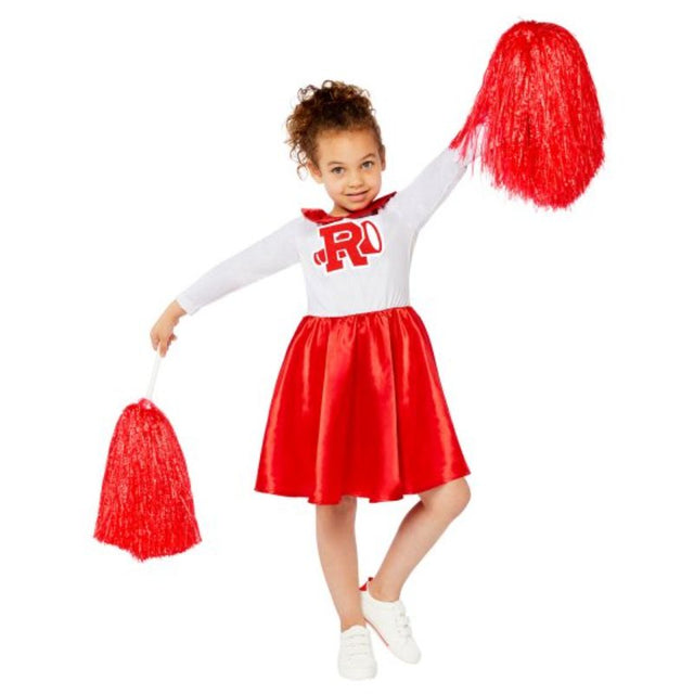 Cheerleader costume for ages 10-12, inspired by Sandy Rydell from 'Grease' in vibrant red and white.