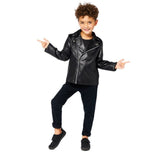 Black leather T-Bird jacket for kids aged 4-6, ideal for Halloween, dress-up, and embodying 1950s rock star style.