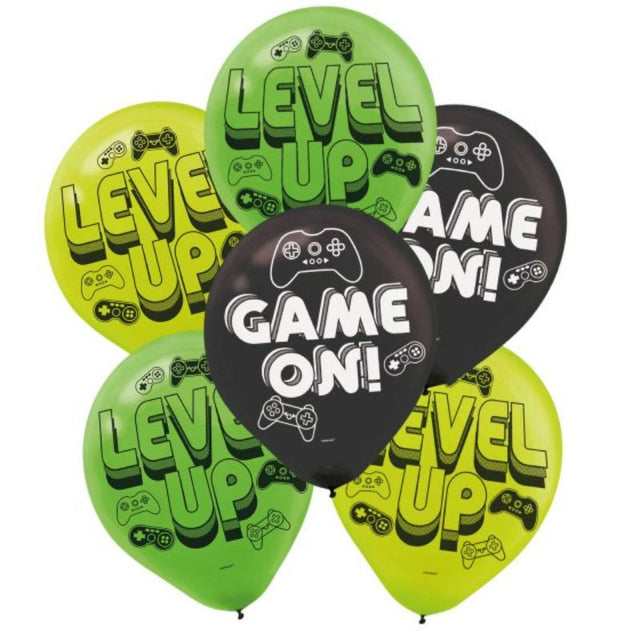 Colorful 30cm gaming-themed latex balloons, set of 6, perfect for parties and celebrations.