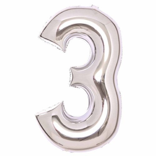Large Number 3 Silver Foil Balloon 53cm w x 87cm h