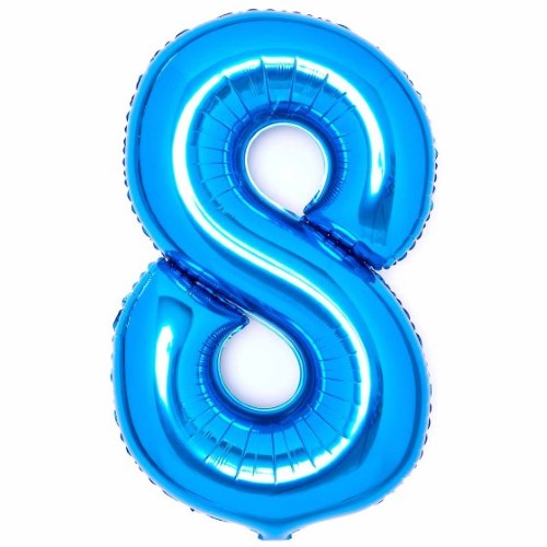 Large blue foil balloon in the shape of number 8, measuring 54cm wide by 87cm high, perfect for celebrations and decor.