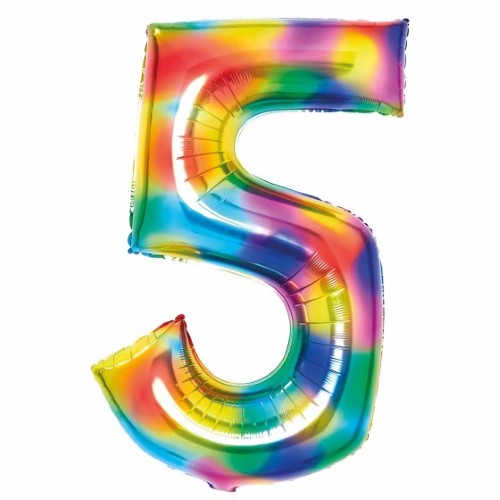 Large rainbow foil balloon in the shape of the number 5, measuring 56cm wide and 89cm high, self-sealing design.