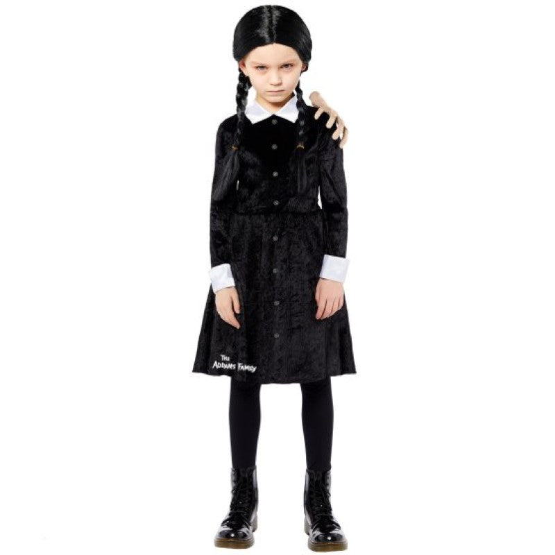 Costume featuring Wednesday Addams' iconic black dress with white collar and braided wig for girls aged 4-6 years.