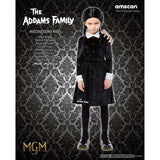 Girl's Halloween costume inspired by Wednesday Addams, featuring a black dress with white collar and braided wig.