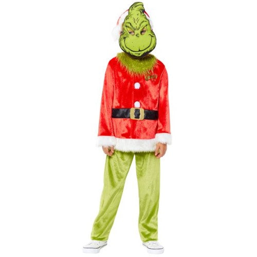 Child's Dr. Seuss Grinch costume set with green top, trousers, mask, and hat for ages 4-6, perfect for festive occasions.